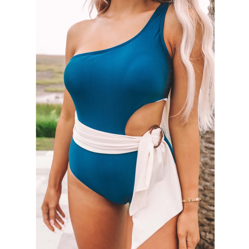 . Shop Hope’s One Piece Blue & Ivory Belted Swimsuit
